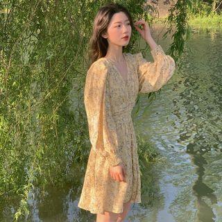 Puff-sleeve V-neck Floral Dress Yellow - One Size