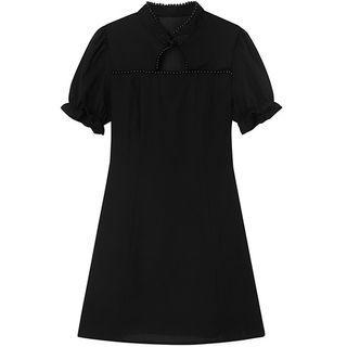 Puff-sleeve Plain Cutout Qipao Dress