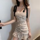 Sleeveless Ruched Mini Sheath Lace Dress