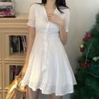Eyelet Short-sleeve Button Mini A-line Dress White - One Size