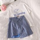 Print Loose-fit Short-sleeve T-shirt / Check Irregular Skirt