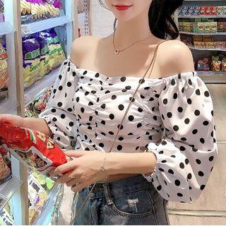 Off-shoulder Dotted Shirred Blouse