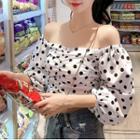 Off-shoulder Dotted Shirred Blouse