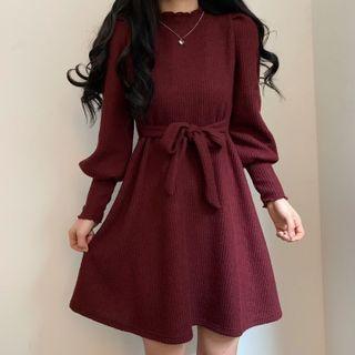 Puff-sleeve Mock-neck Sashed Knit A-line Dress