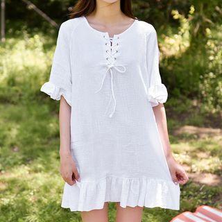 Lace-up Frilled Mini Shift Dress