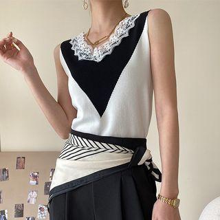 V-neck Lace Trim Two-tone Knit Tank Top