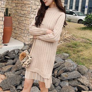 Mock-turtleneck Layered Rib Knit Dress