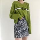 Cropped Long Sleeve Print Ribbed Knit Top Green - One Size