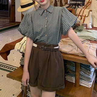 Puff-sleeve Plaid Blouse / Wide Leg Shorts / Belt / Set