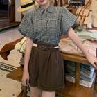 Puff-sleeve Plaid Blouse / Wide Leg Shorts / Belt / Set
