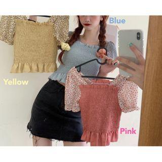 Cropped Floral Panel Balloon-sleeve Top