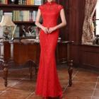 Lace Short-sleeve Sheath Evening Gown