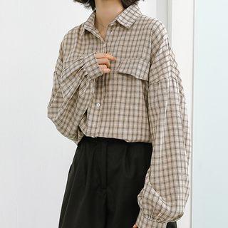 Lantern-sleeve Plaid Shirt Dark Khaki - One Size