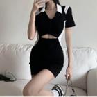 Short-sleeve Cutout Two-tone Polo Bodycon Dress