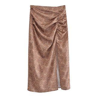 Ruched Slit Leopard Print Midi A-line Skirt