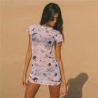 Short Sleeve Printed Mesh Mini Dress