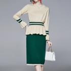 Set: Bell-sleeve Peplum Knit Top + Straight-fit Skirt