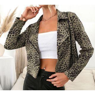 Notch Lapel Leopard Print Zip-up Jacket