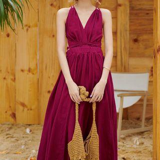 Strappy Open Back Crinkled Slit A-line Maxi Dress