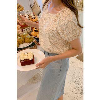 Puff-sleeve Floral Blouse Ivory - One Size