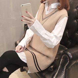 Set : Long-sleeve Blouse + V-neck Knit Vest