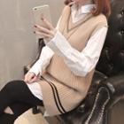 Set : Long-sleeve Blouse + V-neck Knit Vest