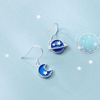 925 Sterling Silver Asymmetric Moon-and-planet Hook Drop Earring As Shown In Figure - One Size