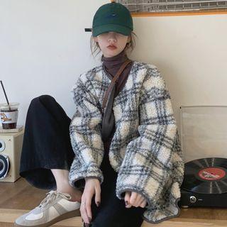 Fleece Plaid Zipped Jacket 6414 - Plaid - Grayish Blue & White - One Size