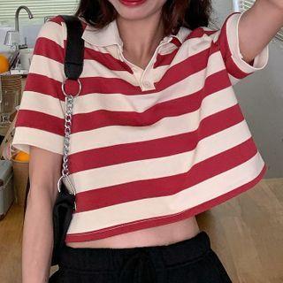 Button-back Short-sleeve Striped Polo Shirt