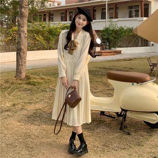 Pleated Midi A-line Dress Beige - One Size
