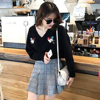 Set: Bird Embroidered Sweater + Plaid A-line Skirt