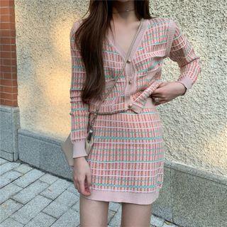 Set: Plaid V-neck Cardigan + Mini Knit Skirt Set - Pink - One Size