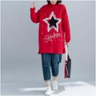 Mock Turtleneck Star Sequined Pullover Red - One Size