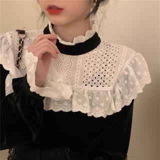 Lace Square-neck Panel Plain Blouse Black - One Size