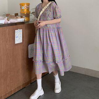 Plaid Puff-sleeve Midi A-line Dress Plaid - Purple - One Size