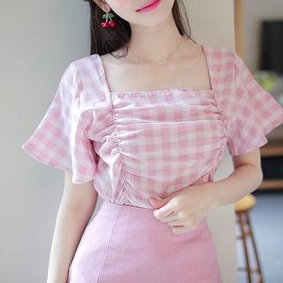 Bell-sleeve Shirred Gingham Top