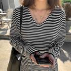 V-neck Stripe Knit Maxi Dress Black - One Size