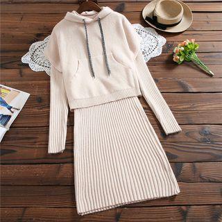 Set: Long-sleeve Knit Dress + Hooded Knit Top