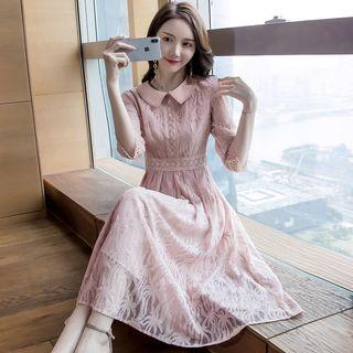 Collared 3/4-sleeve Midi A-line Dress