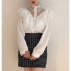 Tie-neck Ruffle-trim Long-sleeve Blouse / Woolen Pencil Mini Skirt