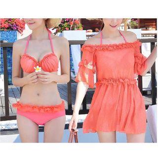 Set: Frill Trim Bikini + Off-shoulder Cover-up Dress