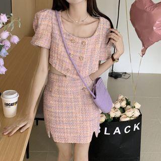 Short-sleeve Double Breasted Knit Top / Skirt