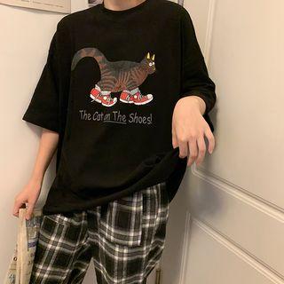 Short-sleeve Cat Print Round Neck T-shirt