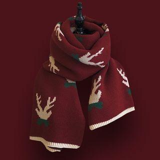 Reindeer Print Scarf Wine Red - One Size