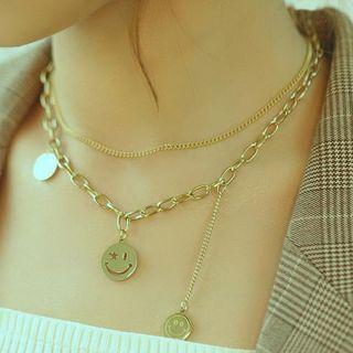Smiley Pendant Layered Stainless Steel Necklace