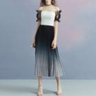 Off Shoulder Color Panel Short Sleeve Midi Dress