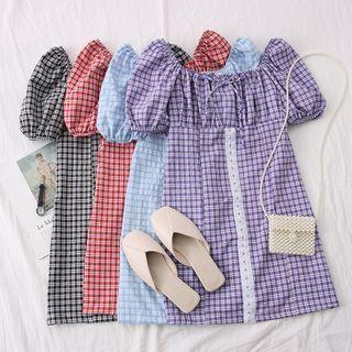 Wide-neck Checker Mini Dress