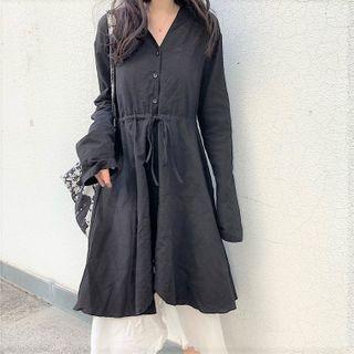 Set: Long-sleeve Button Midi A-line Dress + Spaghetti Strap Dress Set Of 2 - Black Long-sleeve Dress & Spaghetti Strap Dress - White - One Size