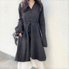 Set: Long-sleeve Button Midi A-line Dress + Spaghetti Strap Dress Set Of 2 - Black Long-sleeve Dress & Spaghetti Strap Dress - White - One Size