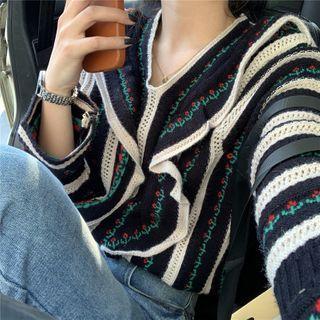 Long-sleeve V-neck Flower Print Ruffle Sweater As Figure - One Size